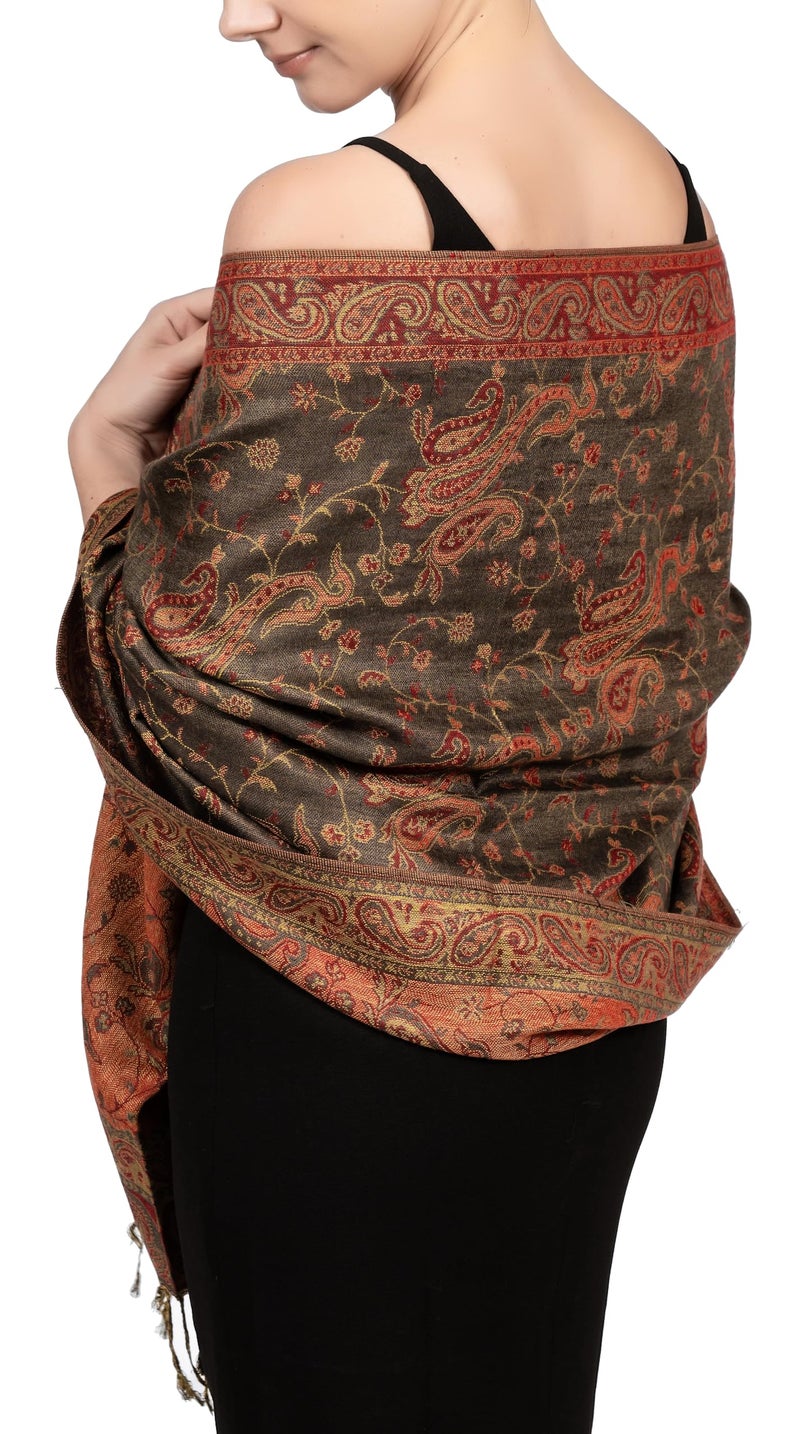 Achillea Soft Silky Reversible Paisley Pashmina Shawl Wrap Scarf w/Fringes (Olive Burgundy) - Image 1